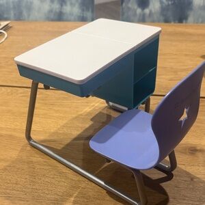 American Girl Doll Blue and White Toy Desk with Purple Chair